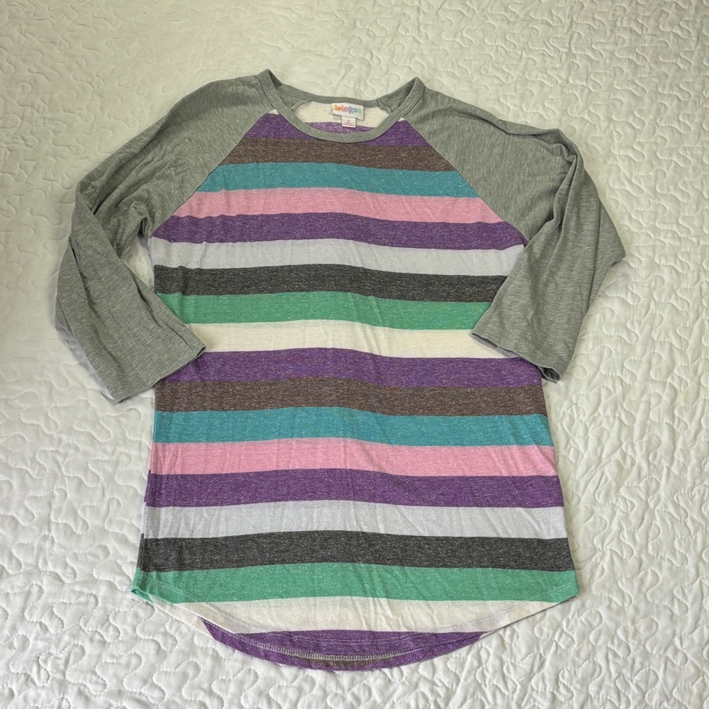LuLaRoe Tee - Gray, Purple, Green Stripes size small